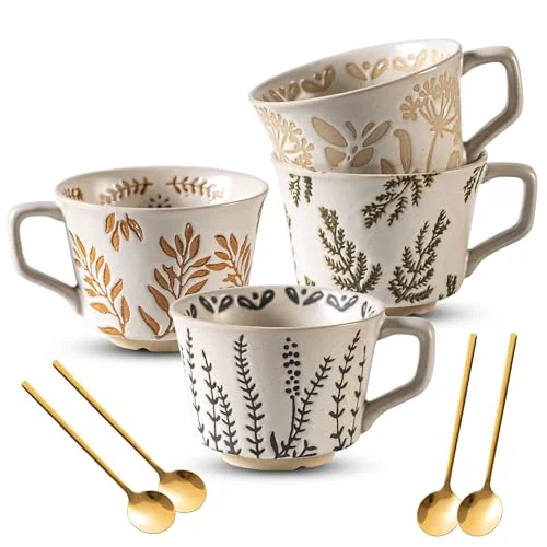 Refined Ceramic Mugs 11 oz Unique Luxurious Cups Set of 4 with Premium Spoon 4 Count Verified