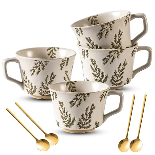Natural Coffee Mugs Set of 4 with Gold Spoon 4 Count High-End