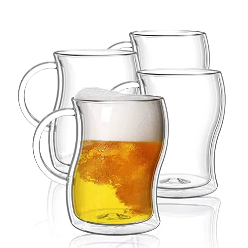 Soft BTaT- Double-Walled Beer Mugs 16 oz 4 Pack Double-Walled Glass with Handle Insulated Beer Glasses Drinking Glasses for Bar Beverages Alcohol Water 4 Count Quality