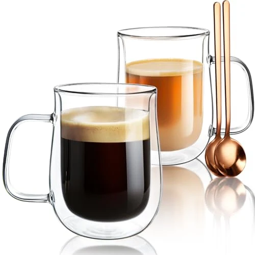 Traditional Double Walled Glass Coffee Mugs 16 OZ 2 Count Contemporary