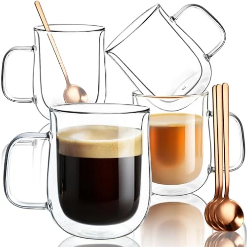 Carefully Designed Double Walled Glass Coffee Mugs 12 oz 4 Count Enhanced