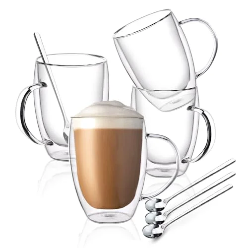Top-Quality Double Wall Glass Coffee Mugs 4 Count Sustainable