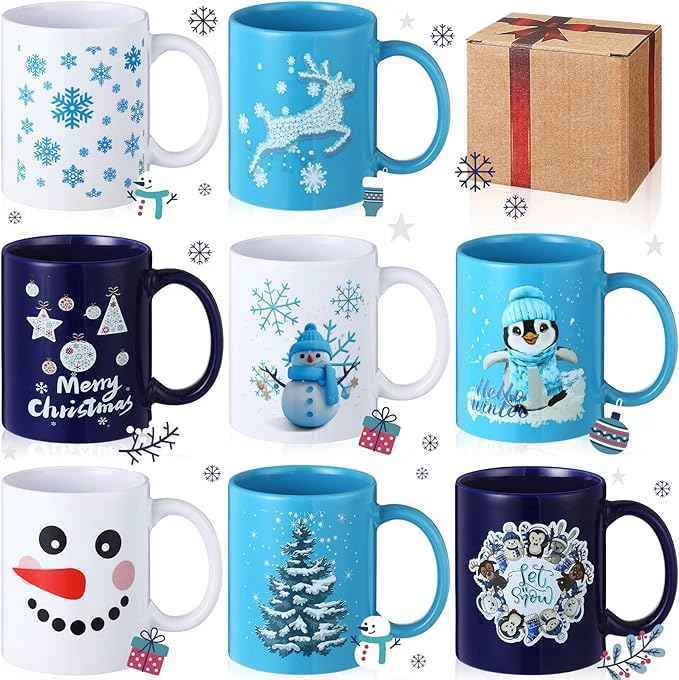Artisan Maxdot 8 Pcs Winter Coffee Mugs 12 oz Christmas Coffee Mugs Set with Handle Ceramic Matching Mugs for Home School Office Table Centerpieces House Warming Holiday Party Gift Casual