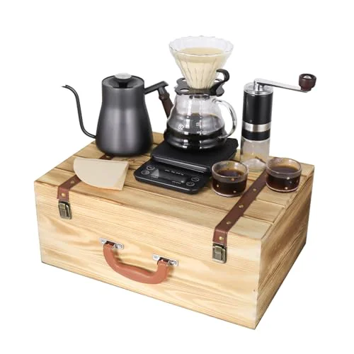 Sophisticated Pour Over Manual Coffee Maker Set 2 Cup Coffee Dripper with Wooden Suitcase Coffee Kettle Scale Bean Grinder All In 1 Traveling Camping Hiking Fashionable