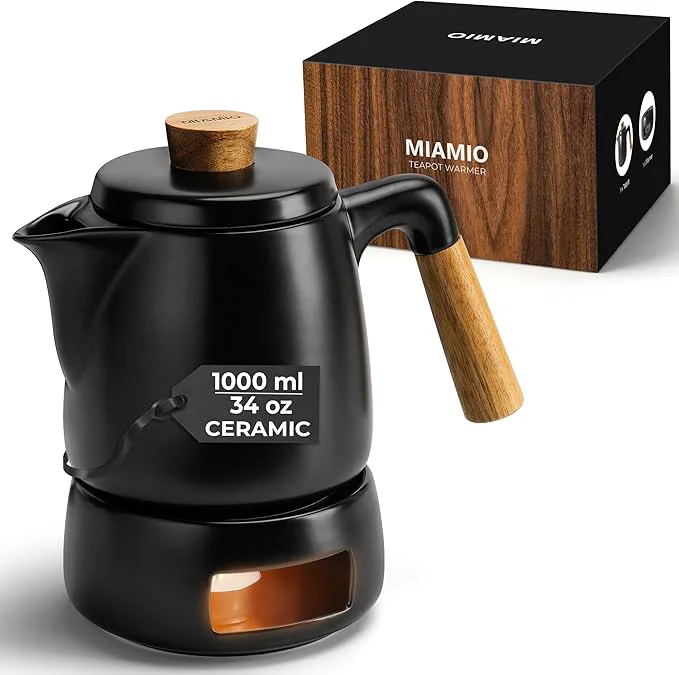 Secure MIAMIO – Teapot Set with Warmer 34 oz Tea Kettle with Infuser for Steeping Loose Tea Leaves – Gift for Women Tea Lovers Black Healthy