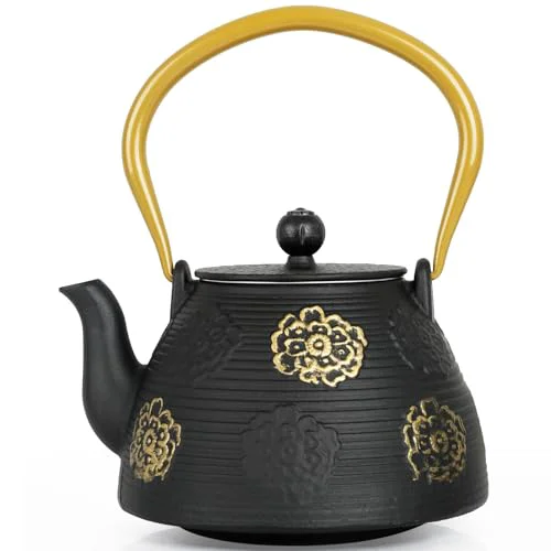 Optimized Cast Iron Teapot with Stainless Infuser Enameled Interior 40oz Reusable