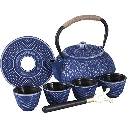 Original Blue Floral Cast Iron Teapot Set 28 oz Tea Kettle with 4 Cups Unique