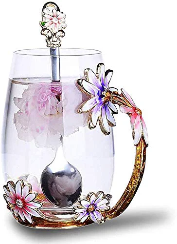 Quality Enamel flower Glass Coffee Mug Tea Cup with Spoon Gifts For Women Certified