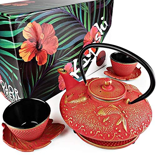 Comfortable Red Koi Cast Iron Tea Set Fashionable