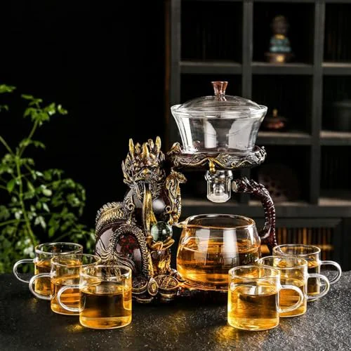 Fine Glass Teapot Set with Infuser Semi Automatic Dragon Tea Set with 6 Small Cups High-End