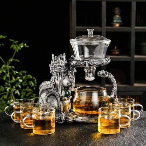Relaxed Glass Teapot Set with Infuser Semi Automatic Dragon Tea Set with 6 Small Cups Refined
