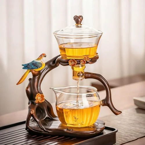 Specialty Lazy Kungfu Glass Tea Set Heat Resistant Semi Automatic Drip Rotating with Infuser Magnetic Teapot Set for Gongfu Tea Making I Trendy