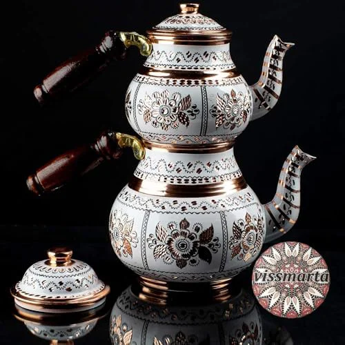 High-Grade Handmade Copper Turkish Teapot Tea Kettle Pots Set for Stove Top Stovetop Decorative Infuser Vintage Antique Arabic Farmhouse Tray Cups Serving Party Moroccan Decor Style Persian Kitchen Fancy Gift 2 Count Detailed
