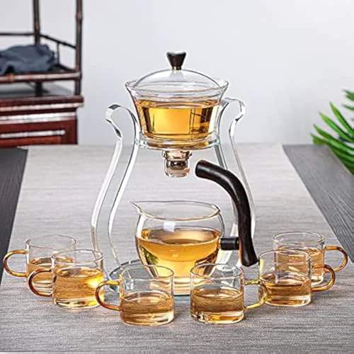Reusable Lazy Kungfu Glass Tea Set Semi Automatic Drip Rotating with Infuser Glass Teapot Set 4 Count Pure