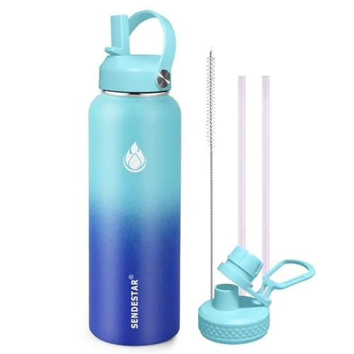 Fine Stainless Steel Wide Mouth Water Bottle 32oz Double Wall Vacuum Insulated Leak Proof Bottle with New Flex Straw Lid Spout Lid Expertly Made