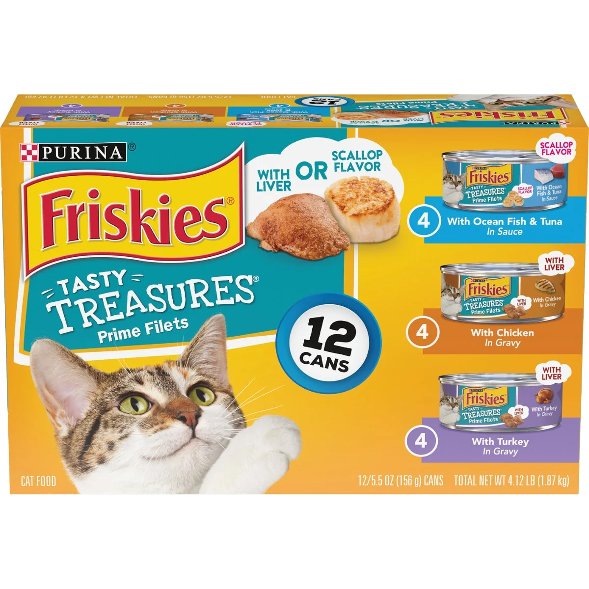 Fine Crafted Purina Friskies Tasty Treasures Ocean Fish Tuna Chicken Turkey Variety Pack Adult Wet Cat Food 12-Pack Solid