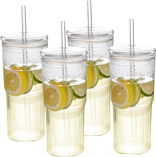 Green 20 oz Glass Cups with Lids and Straws Minimalist