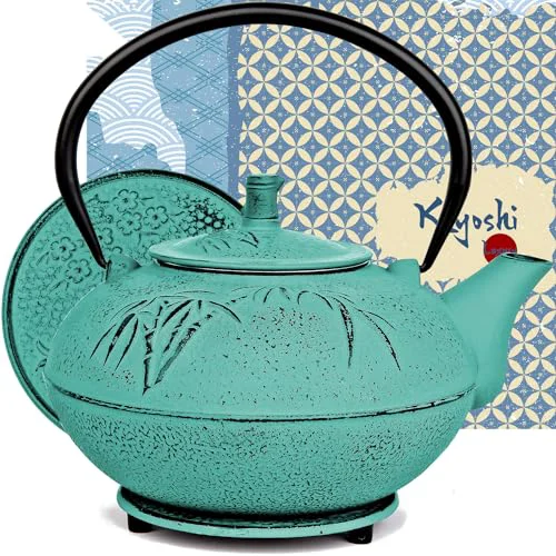 85 Oz XXL Green Bamboo Cast Iron Teapot Comfortable