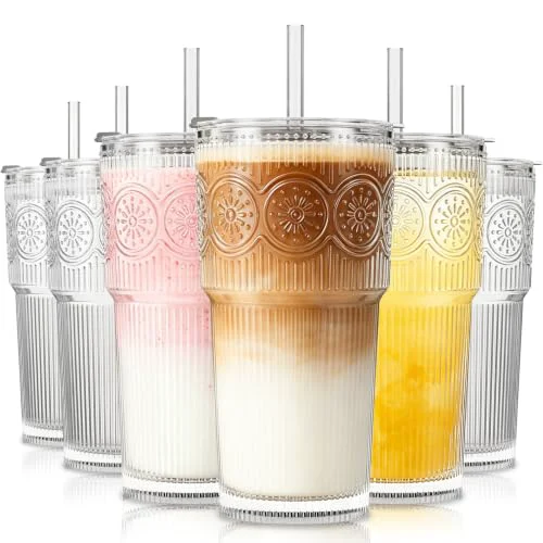 Comfortable 20oz Ribbed Floral Glass Tumbler with Lid and Straw Exclusive
