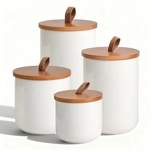 Eco-Friendly White Ceramic Canister Set with Bamboo Lids 4 Count Specialty
