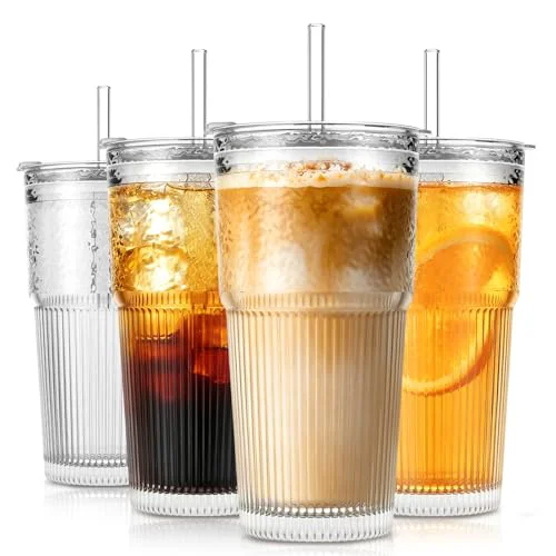 Relaxed 20oz Wave Ribbed Wavy Glass Tumbler with Lid and Straw Elegant