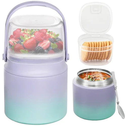Excellent 2 – in – 1 Soup Thermo for Hot Food 14oz with Snack Box Container Leak Proof Insulated Lunch Container Kids and Adults Stainless Steel Double Wall Vacuum Wide-mouth Thermal with Spoon and Handle Smart