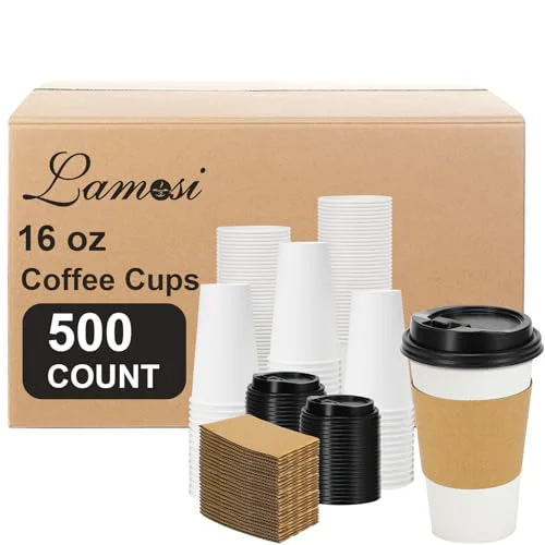 Elegant 500 Pack 16 oz Disposable Coffee Cups With Lids and Sleeves 500 Count Breathable