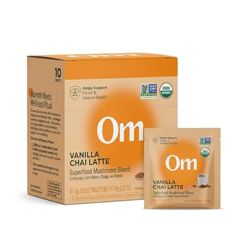 Convenient OM Mushrooms SUPERFOODS Creamy Vanilla Chai with Organic Adaptogenic Mushrooms for Energy 2.8 Ounce Casual