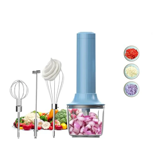 Recyclable 4-in-1 Electric Hand Mixer Electric Whisk Mini Onion Chopper 10Oz Small Cordless Hand Blender Milk Frother Wand for Coffee Matcha 4 Speed Rechargeable Food Processor for Baby Food Maker Casual