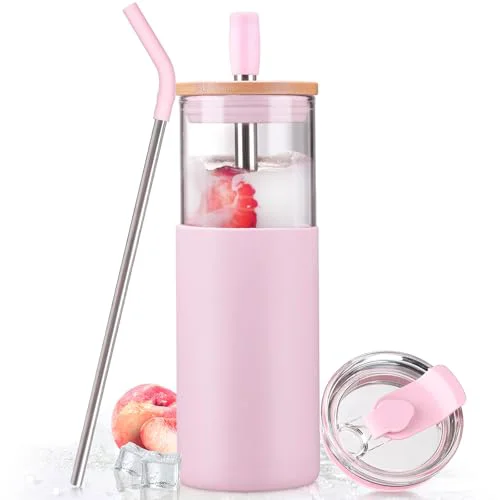 Exceptional 24oz Glass Tumbler with Lids and Straws Fine Crafted
