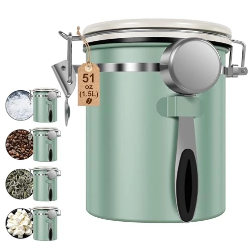 Efficient 4PCS Coffee Storage Canister 1.5L 51OZ Double Airtight Coffee Beans Container with Date Locator 304 Stainless Steel Kitchen Food Storage Container with Spoon For Coffee Beans Grounds Tea Sugar 4 Count Exclusive