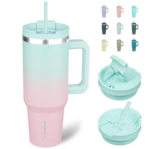 High-Quality 40 oz Insulated Tumbler with Handle Straw Green