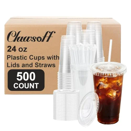 Casual 500 Pack 24 oz Clear Plastic Cups with Lids and Straws Disposable 500 Count Modern