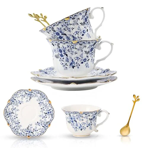 High-Performance Country Roses Porcelain Tea Cup and Saucer Set with Gold Trim Artisan