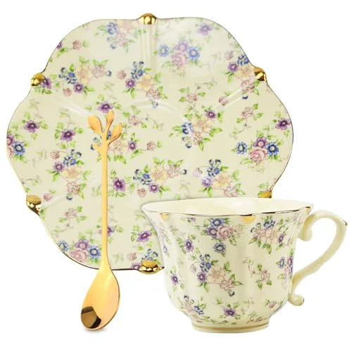 World-Class Country Roses Porcelain Tea Cup and Saucer Set with Gold Trim Recyclable