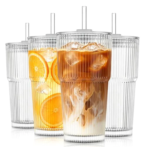 Exceptional 20oz Ribbed glass cups with lids and straws Elegant