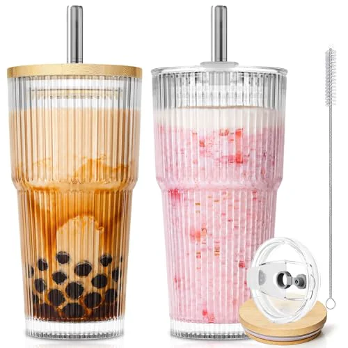 Original 20oz Ribbed Glass Tumblers with Bamboo Lids Straws Innovative