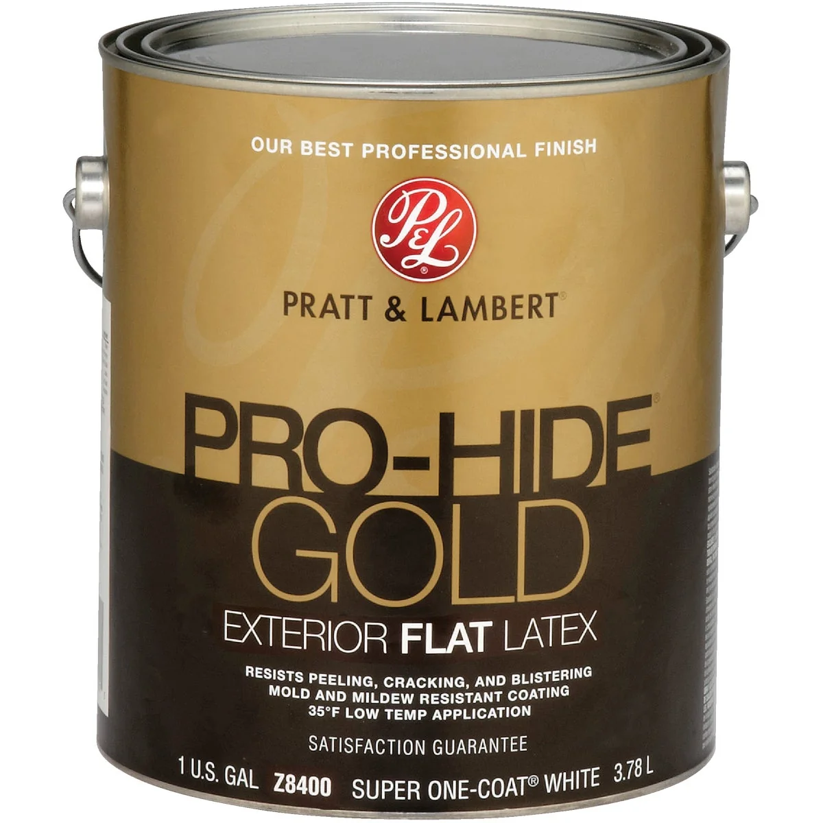 Enhanced Pratt Lambert Pro-Hide Gold Latex Flat Exterior House Paint Super One-Coat White 1 Gal. Recyclable