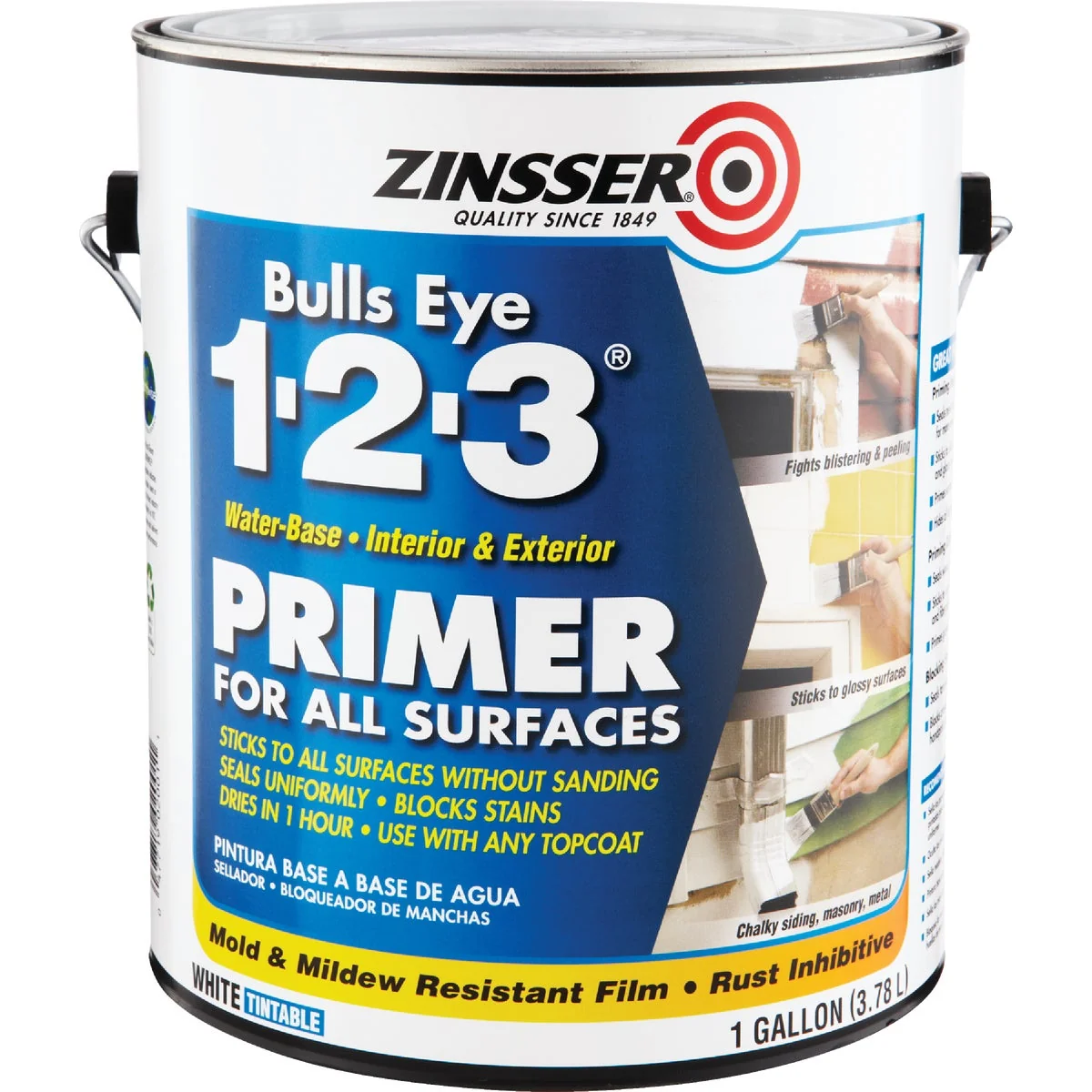 Original Zinsser Bulls Eye 1-2-3 Water-Base Interior Exterior Stain Blocking Primer White 1 Gal. Superior