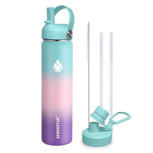 Casual Stainless Steel Wide Mouth Water Bottle 24oz Double Wall Vacuum Insulated Leak Proof Bottle with New Flex Straw Lid Spout Lid Green
