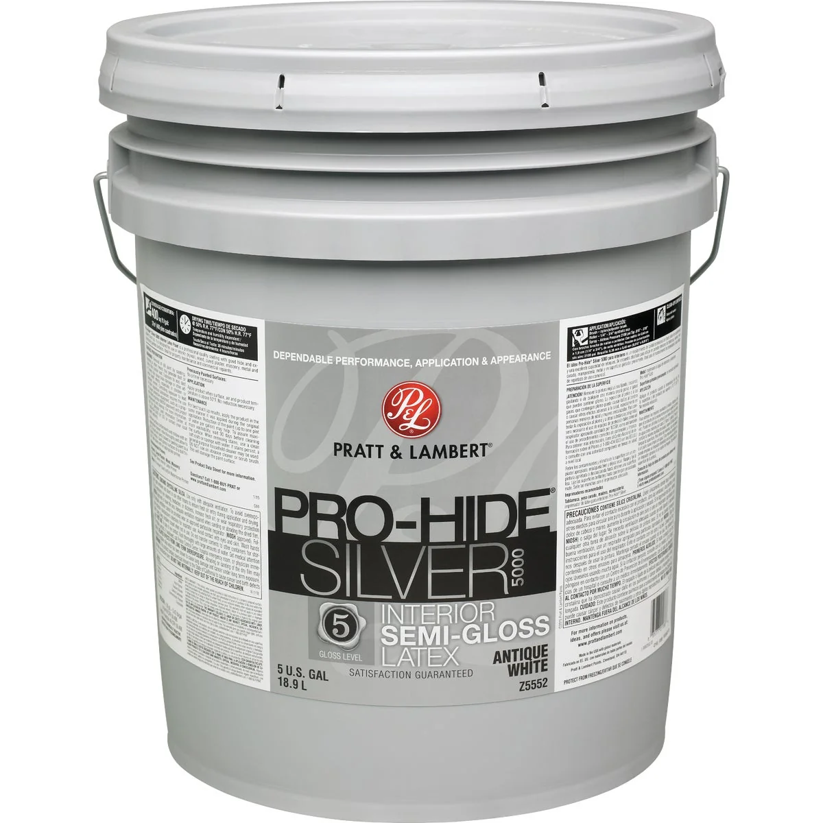 Solid Pratt Lambert Pro-Hide Silver 5000 Latex Semi-Gloss Interior Wall Paint Antique White 5 Gal. Easy-to-Use