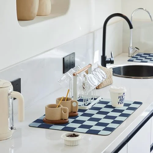 Fine Navy Blue Checkered Dish Drying Mat for Kitchen Counter Exceptional