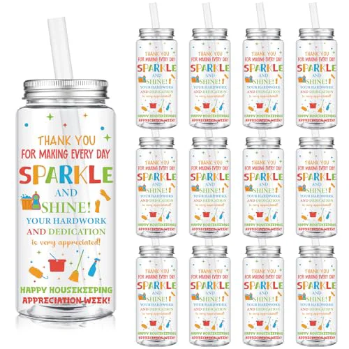 Fine Crafted 12 Pcs Housekeeping Week Gift 14.2oz Thank You Gifts Inspirational Tumbler with Lid and Straw Plastic Reusable Tumbler Bulk Cold Drinking Cup for Women Men Coworker Stuff 12 Count Classic