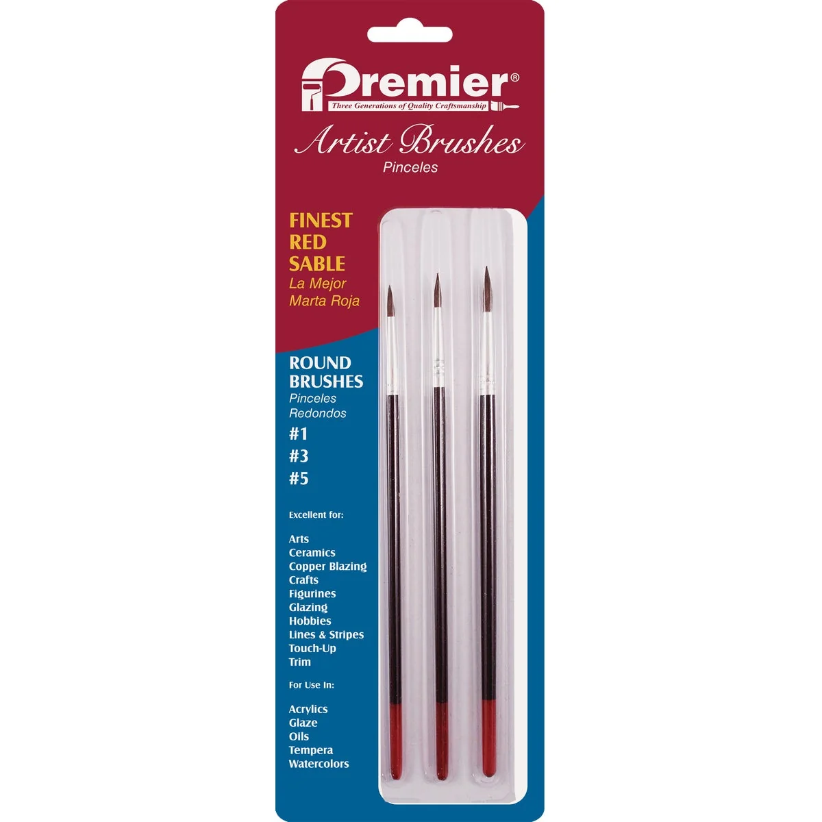 Innovative Premier Assorted Red Sable Round Artist Brushes 3-Pieces Healthy