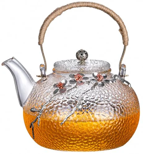 Safe Japanese Style Hammered Glass Teapot with Plum Blossom Decor 900ml Innovative