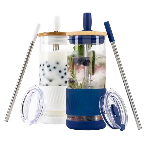 Versatile Glass Cups With Lids and Straws 2 Count Long-Lasting