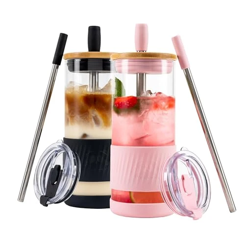 Secure Glass Cups With Lids and Straws 2 Count Sustainable