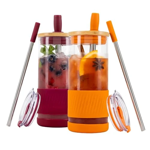 High-End Glass Cups With Lids and Straws 2 Count Lightweight