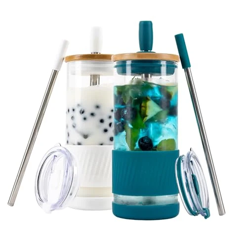 Long-Lasting Glass Cups With Lids and Straws 2 Count Secure
