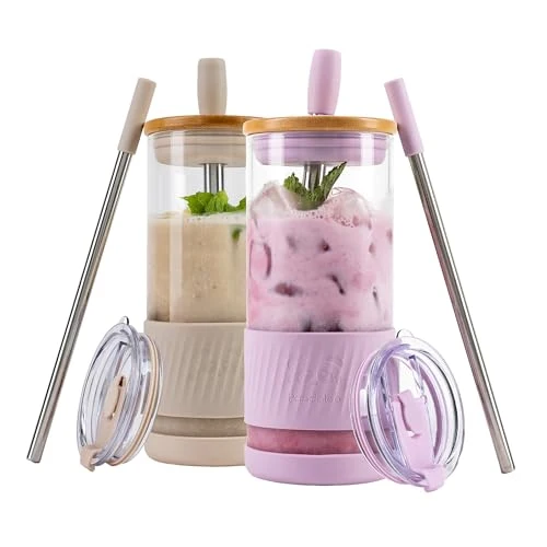 Fine Crafted Glass Cups With Lids and Straws 2 Count Consistent